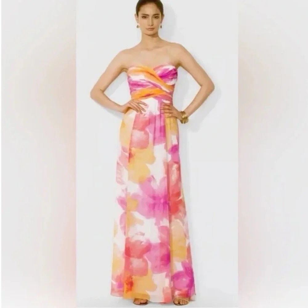 Ralph Lauren Evening Floral Maxi strapless  Dress in Pink and Orange Size 2